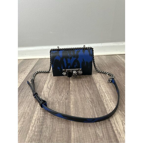 Alexander McQueen Handbags - ALEXANDER MCQUEEN GRAFFITI FOUR-RING LEATHER SHOULDER BAG IN BLUE BLACK $2,500